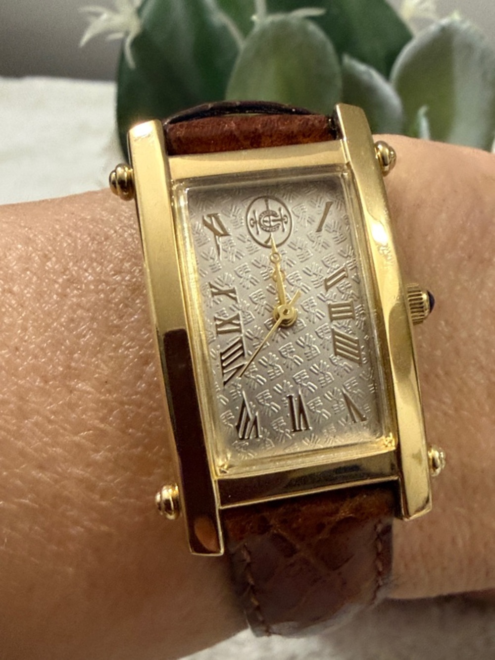 Gold-Tone Rectangular Dial Women's Watch with Brown Leather Strap Minimlist